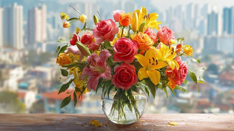A vibrant bouquet of fresh flowers in a modern Chengdu setting.