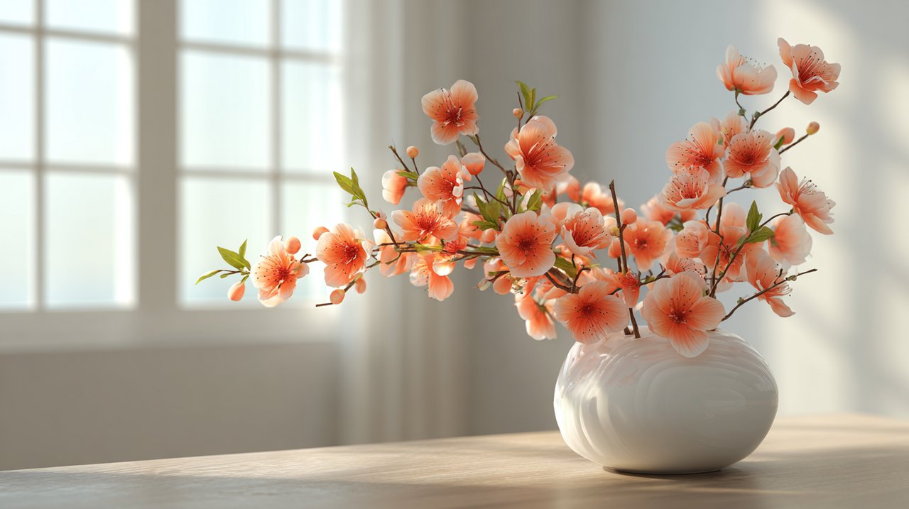 A vibrant arrangement of peach blossoms in a modern ceramic vase, symbolizing prosperity and love in Guangzhou.