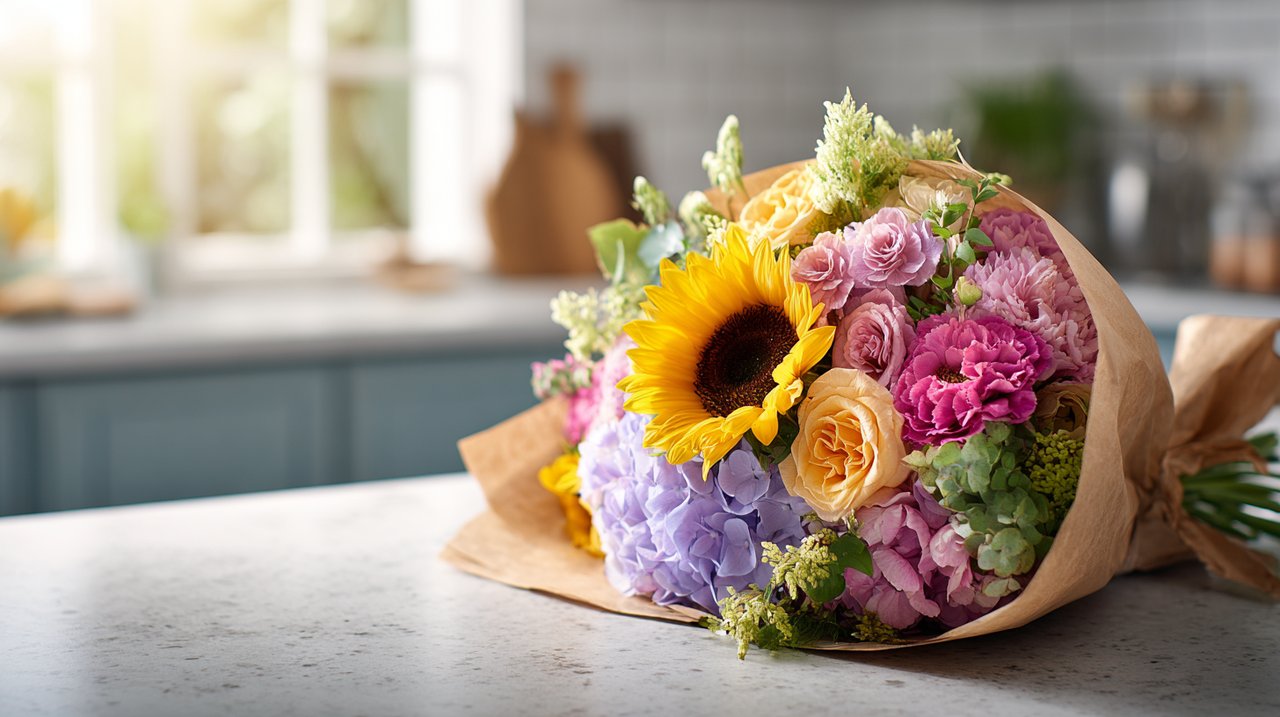 A freshly delivered, elegantly wrapped bouquet of colorful flowers on a sunny modern kitchen counter, emphasizing beautiful presentation.