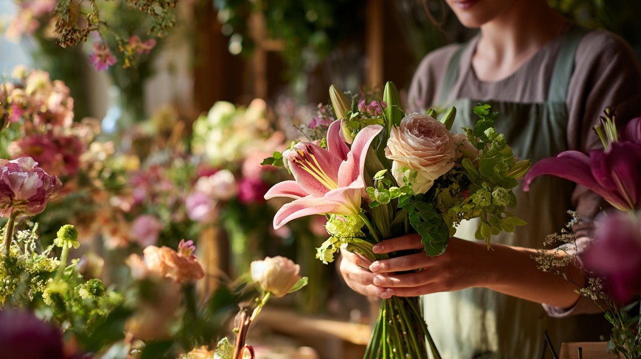 A skilled florist's hands arranging a vibrant bouquet of fresh seasonal flowers in a bright flower shop, emphasizing meticulous care.