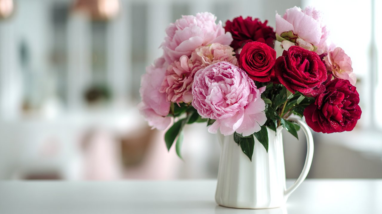 Rangkaian indah peony merah muda dan mawar merah di latar modern.