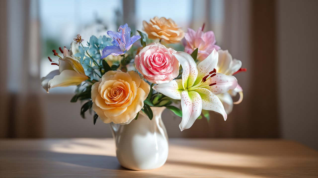 Um buquê vibrante simbolizando diversos significados de flores em um cenário moderno e luminoso.