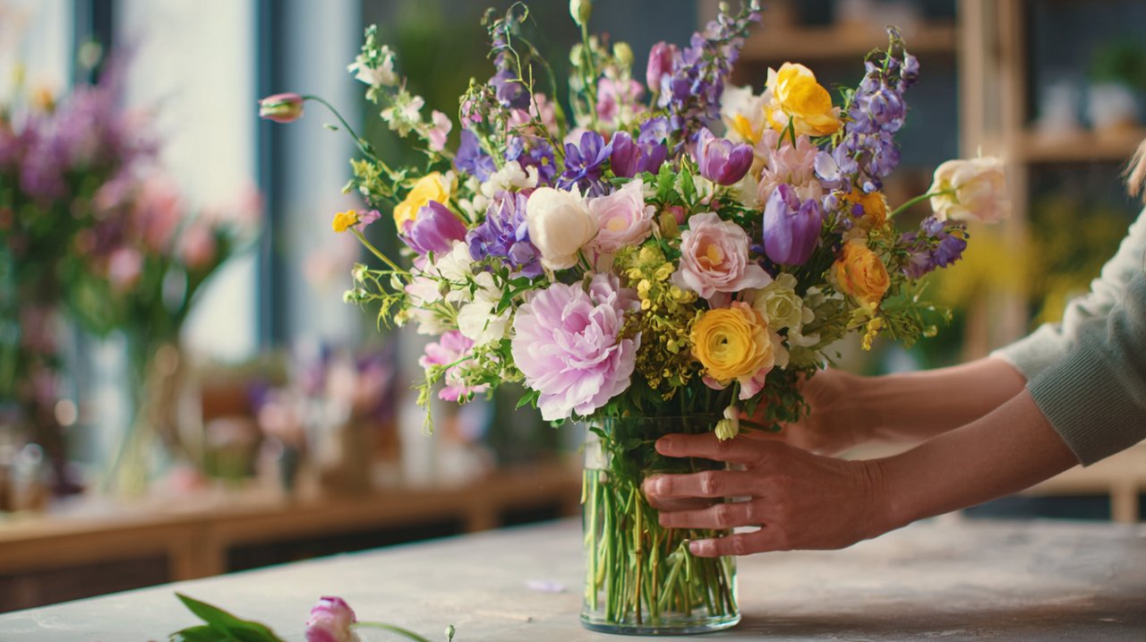 Mãos arranjando delicadamente um buquê de flores coloridas para presente.