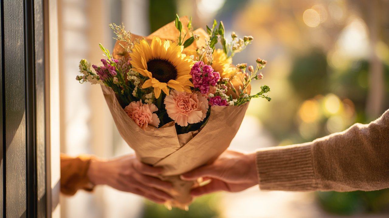 Um bouquet de recuperação lindamente embrulhado a ser entregue suavemente.