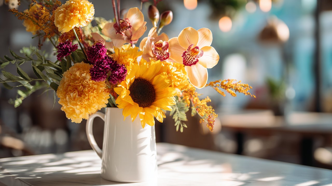 Detalhe de um arranjo floral de recuperação com orquídeas, cravos e girassóis.