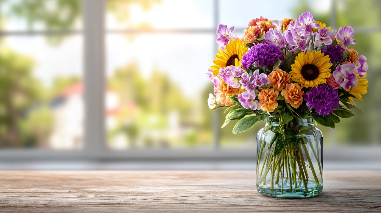 Um vibrante bouquet de recuperação com orquídeas, cravos e girassóis num ambiente moderno.
