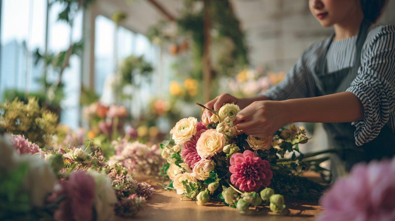 A local florist's hands arranging a bespoke bouquet in Guangzhou.