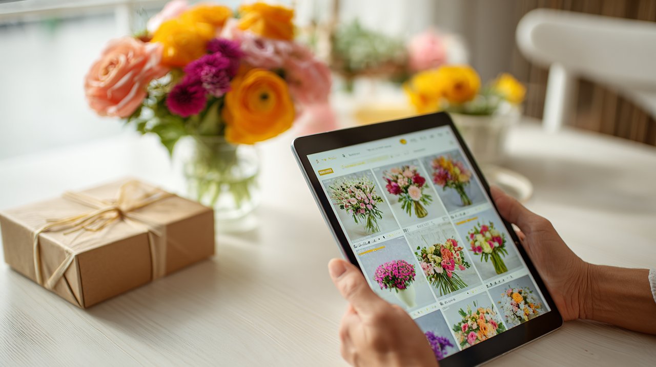 一個人正在平板電腦上瀏覽線上花束選項,旁邊擺放著一束現代風格的花束。