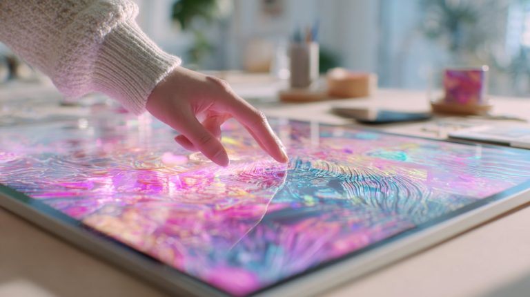 Human hand interacting with a holographic interface displaying AI-generated abstract art in a modern studio.