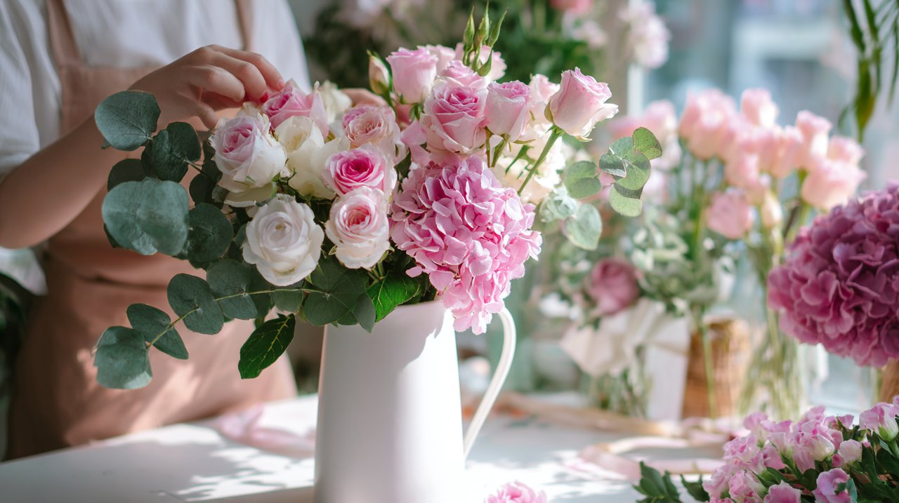 Um florista a arranjar um buquê personalizado numa florista luminosa em Guangzhou.