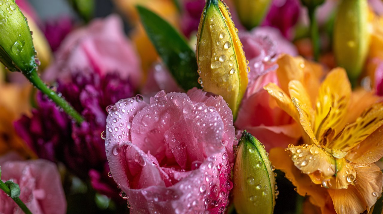 Close-up de pétalas de flores frescas com gotas de orvalho, simbolizando qualidade e cuidado na logística.