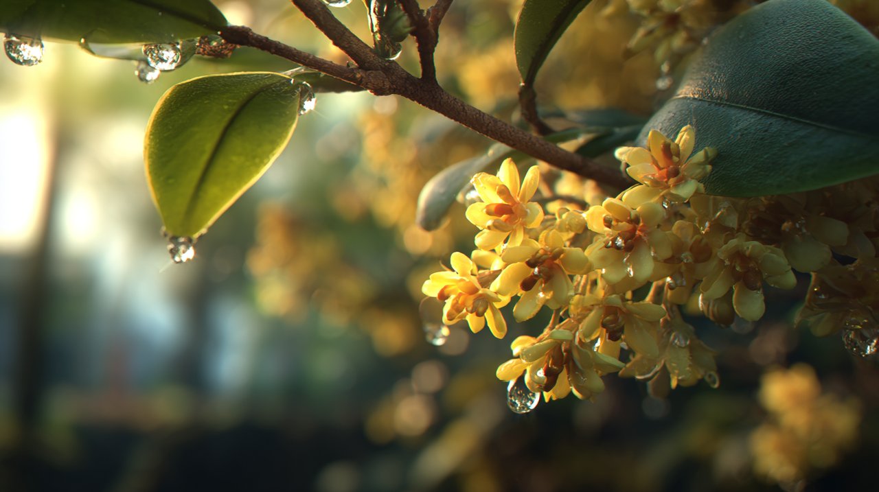 Bunga osmanthus kuning kecil di Desa Manjuelong, Hangzhou.