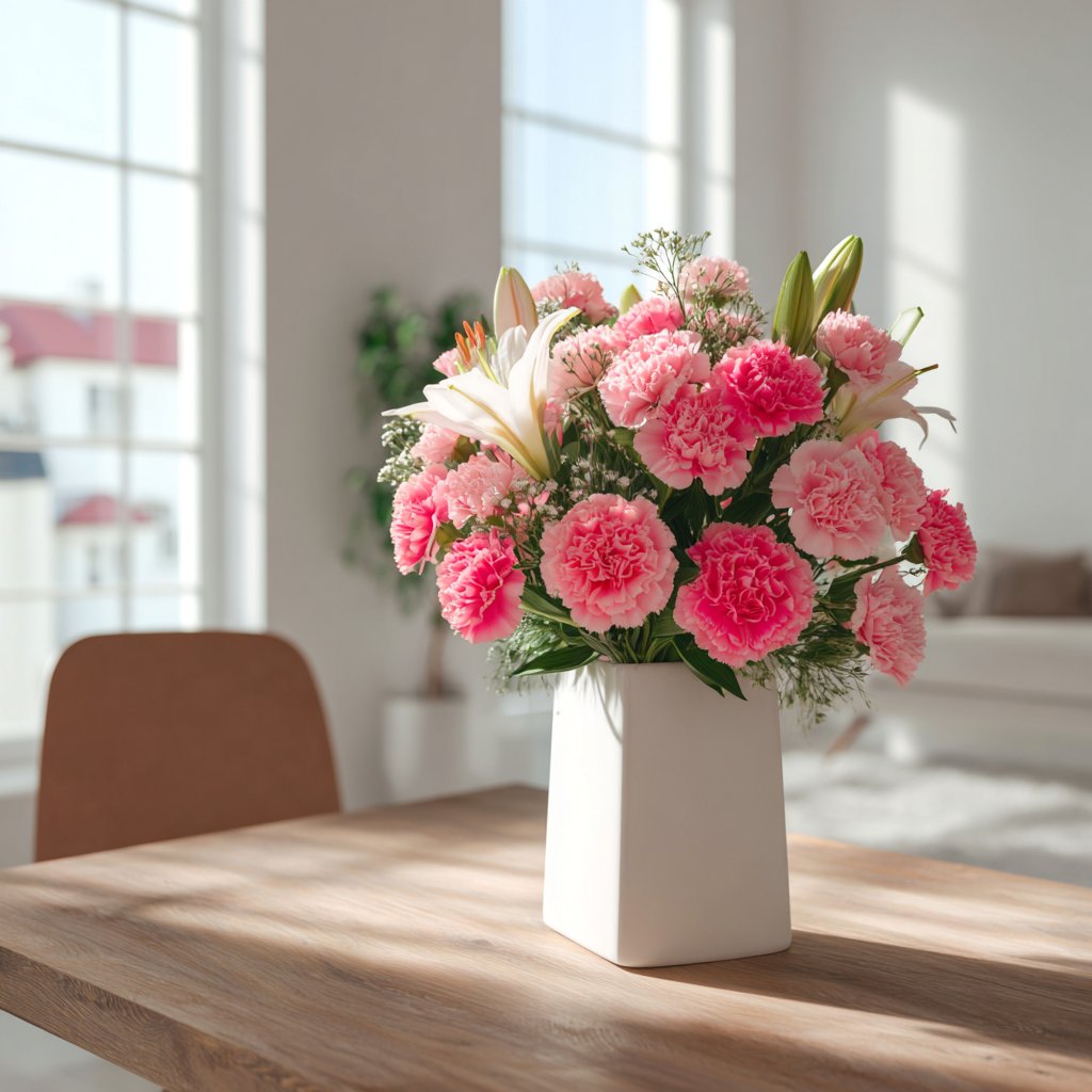 A vibrant Mother's Day bouquet in a modern Shanghai home.