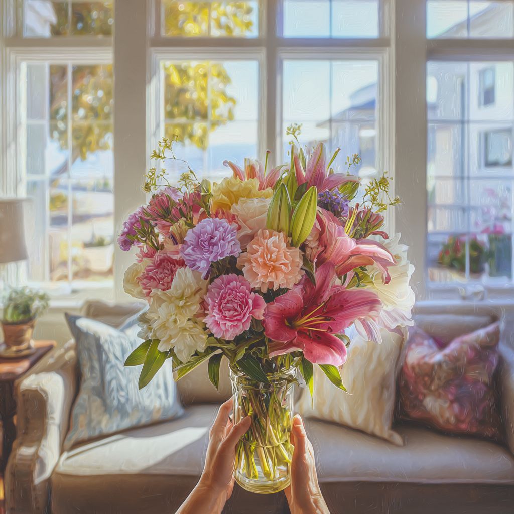 Hands gently holding a beautiful bouquet of flowers in a bright room.