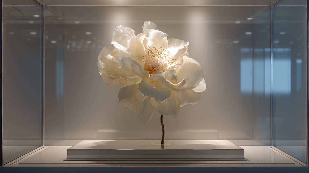 Uma flor rara e exótica exibida numa galeria moderna como um ativo valioso.