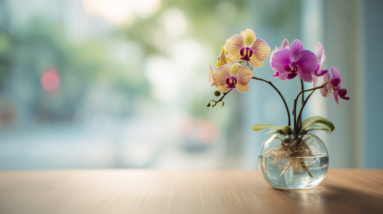 Uma Orquídea Shenzhen Nongke vibrante num ambiente moderno e luminoso.