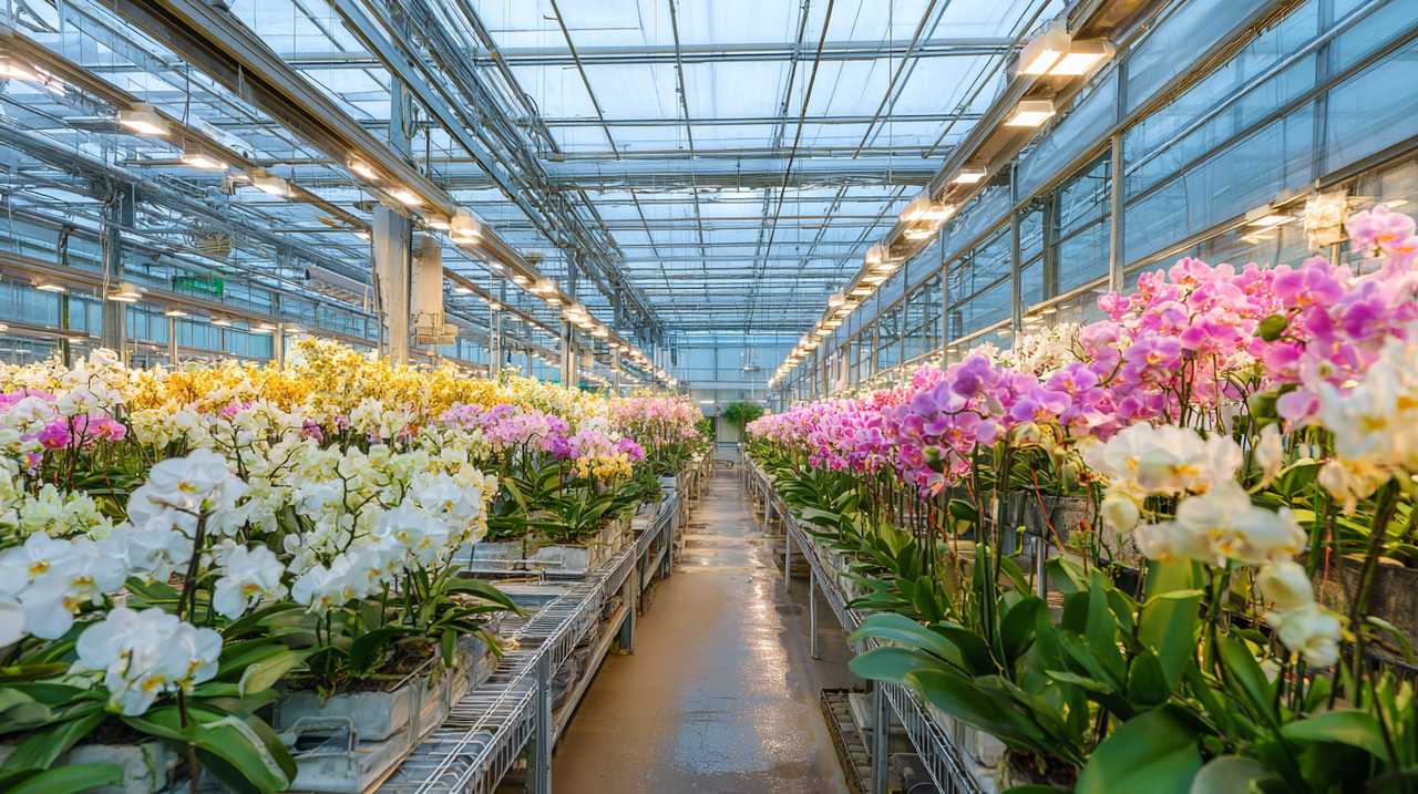 Interior de uma estufa moderna e especializada no cultivo de orquídeas raras.
