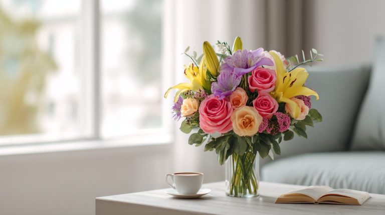 A thoughtfully arranged bouquet of vibrant flowers on a modern coffee table, symbolizing careful planning.