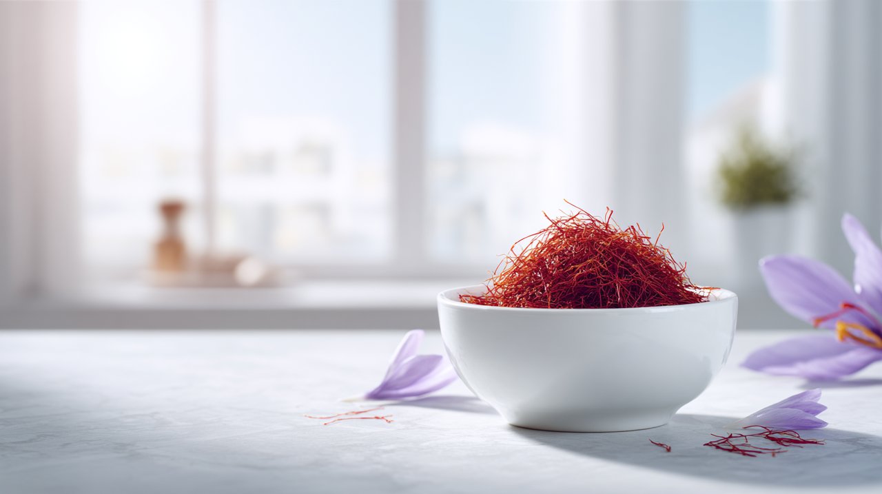 Fios de açafrão vermelho vibrante em uma tigela de cerâmica moderna em um balcão de cozinha ensolarado.