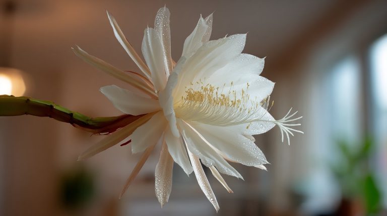 An exquisite Kadupul flower blooming under soft moonlight in a modern interior.