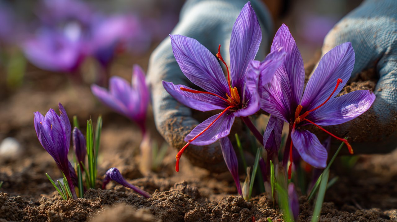 Mãos colhendo delicadamente flores de Açafrão em um campo ensolarado.