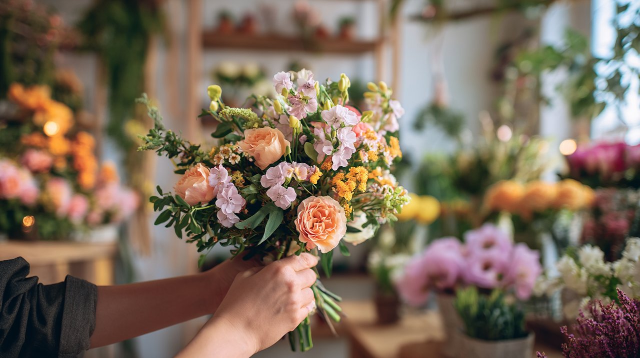 Tangan seorang florist lokal dengan ahli membuat buket bunga pesanan khusus.