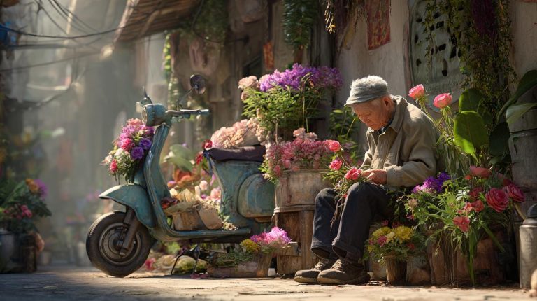 An aged florist trimming a rose in a Shanghai alley with a modern scooter passing by.
