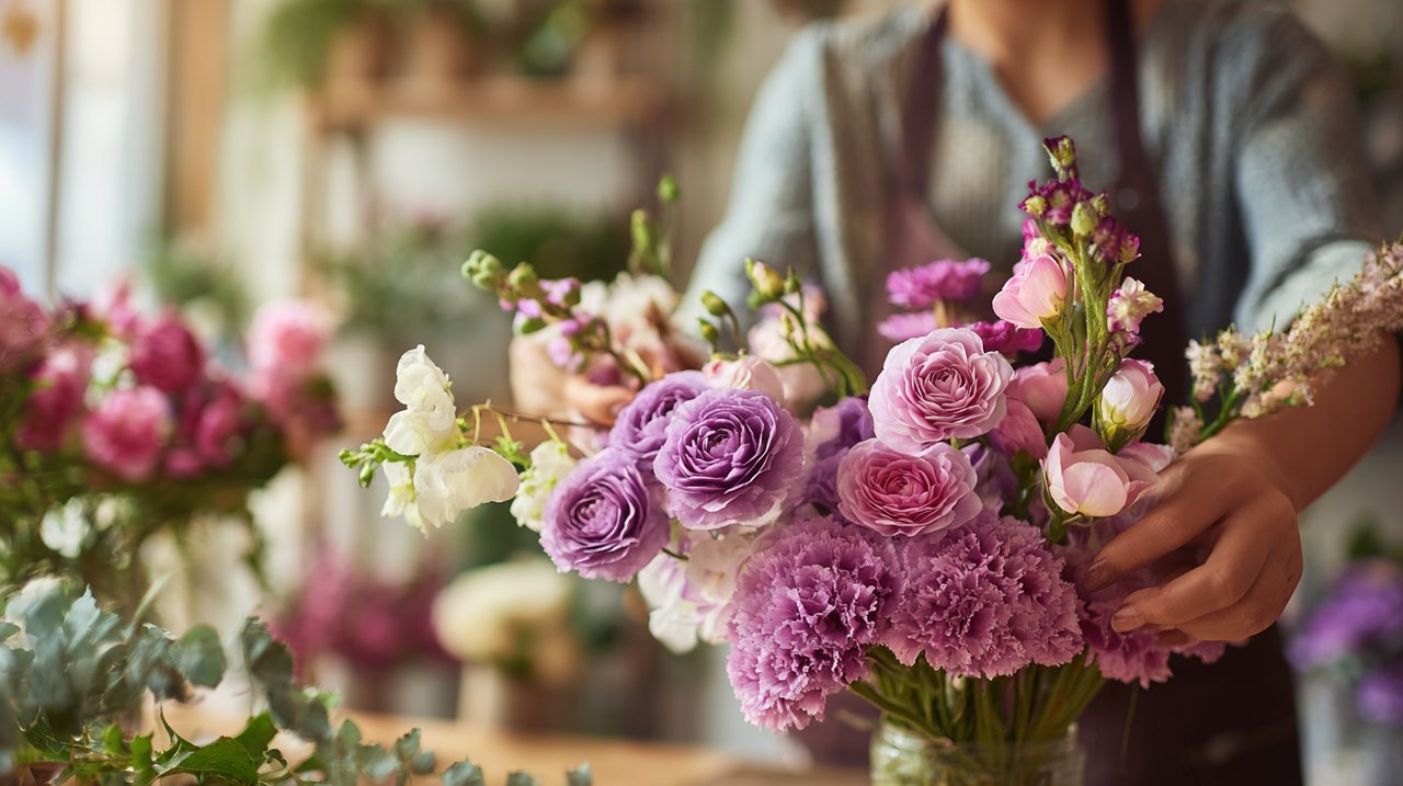 A local florist's hands arranging a fresh bouquet in a bright shop.