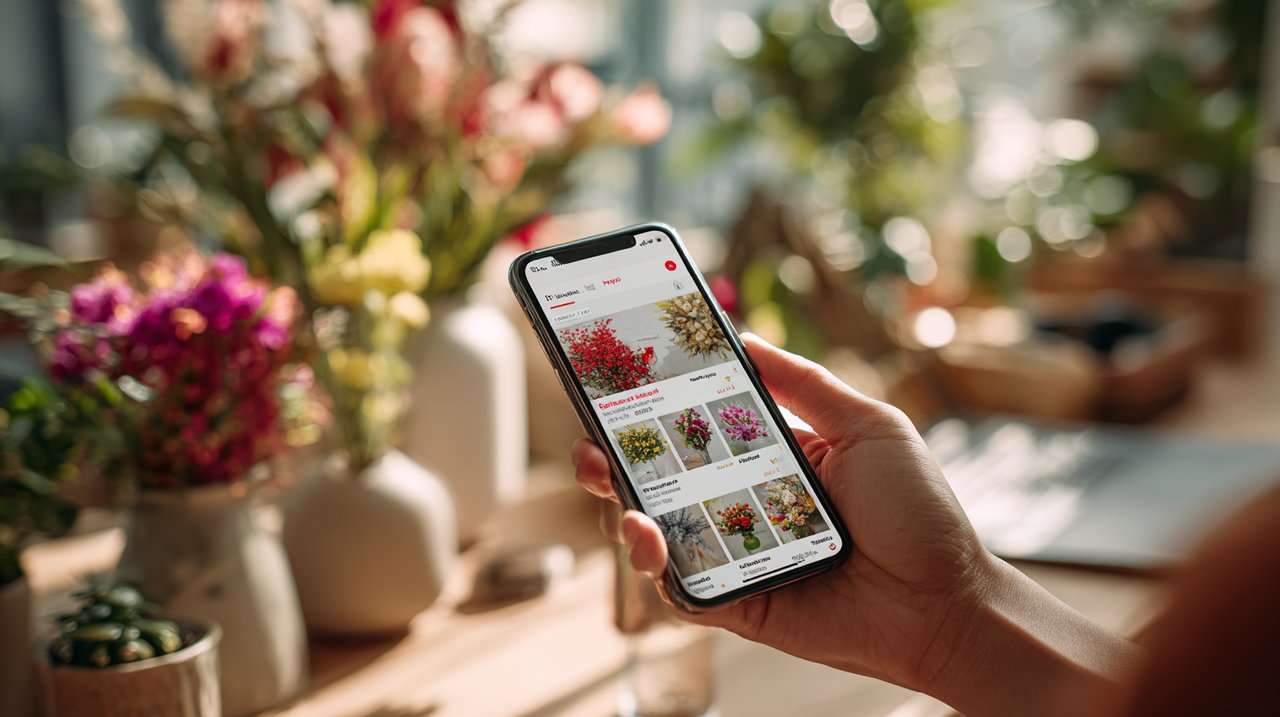 Hands browsing an online florist app on a smartphone in Shanghai.