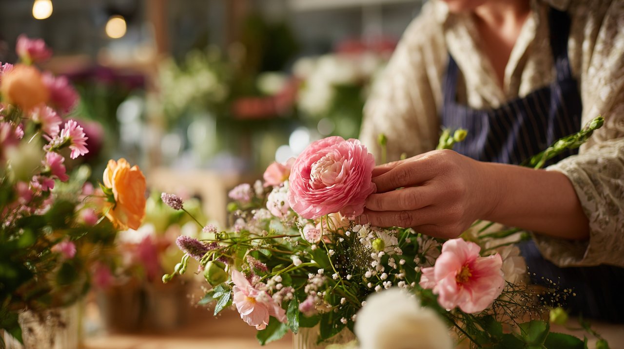 Mãos de um florista arranjando flores frescas em uma floricultura iluminada.