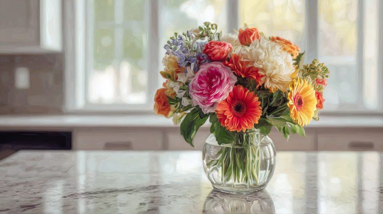 一束令人驚豔、持久的鮮花,擺放在現代居家空間中。