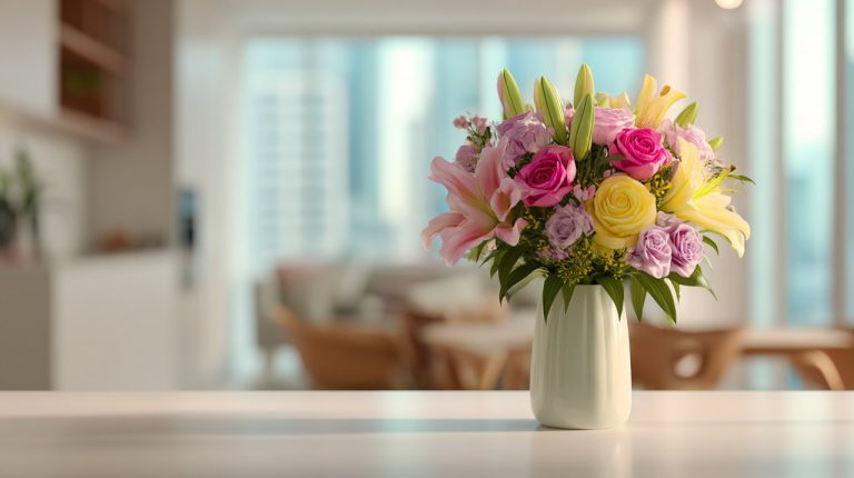 A modern floral arrangement delivered to a bright Beijing apartment.