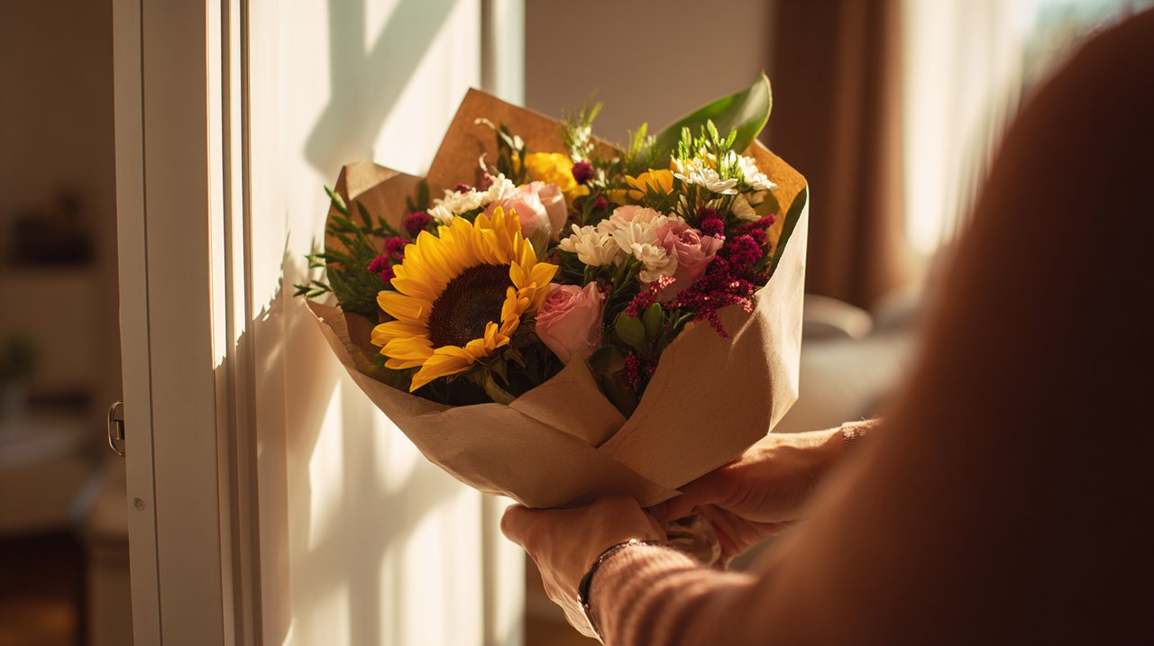 Uma pessoa recebendo um buquê de flores lindamente embrulhado em sua porta, destacando a entrega bem-sucedida.
