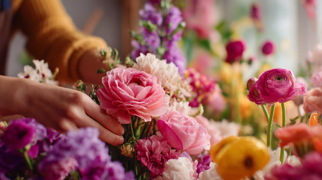 Mãos selecionando ou arranjando cuidadosamente flores vibrantes em uma floricultura moderna.