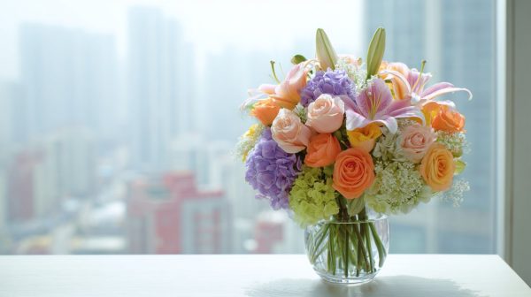 A vibrant bouquet of flowers in a modern Shanghai setting, symbolizing communication.