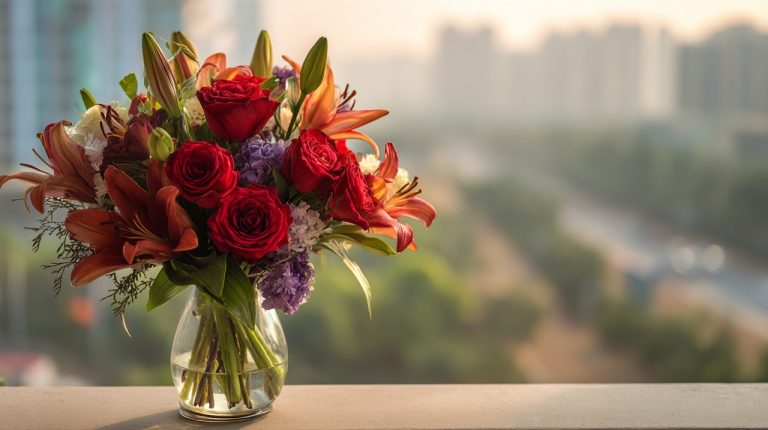 A vibrant bouquet of flowers on a modern balcony overlooking Chongqing's cityscape.