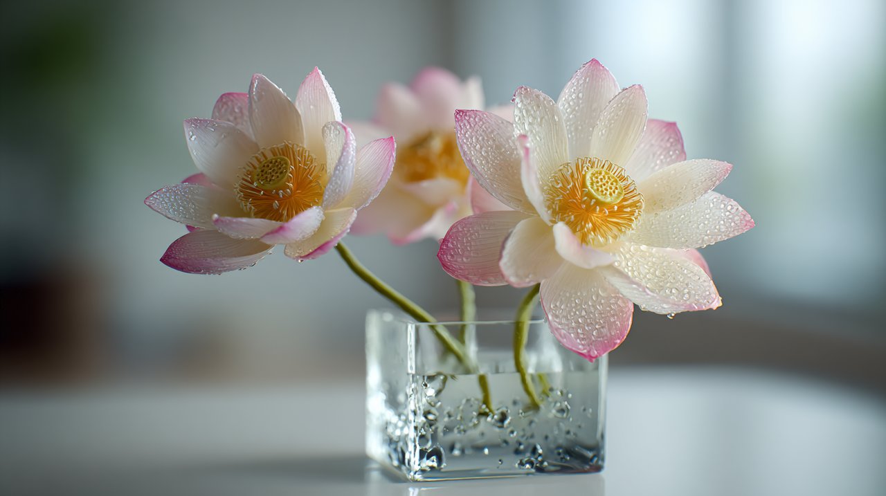 现代花瓶中娇嫩的荷花，象征纯洁。