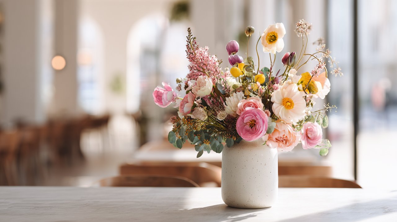现代成都咖啡馆背景下充满活力的花束。