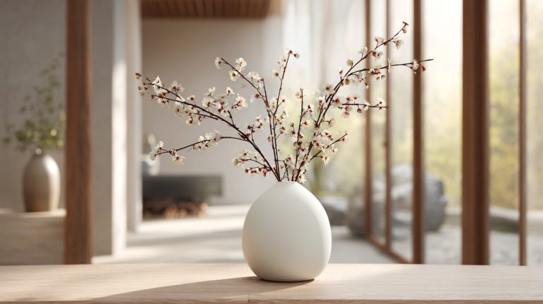 Minimalist plum blossom and bamboo arrangement reflecting Chengdu's 'Slow City' aesthetic.