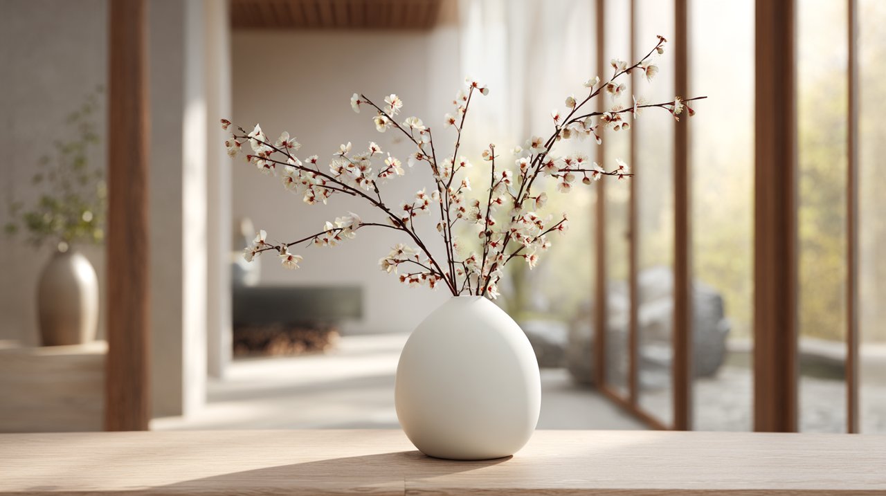 Minimalist plum blossom and bamboo arrangement reflecting Chengdu's 'Slow City' aesthetic.