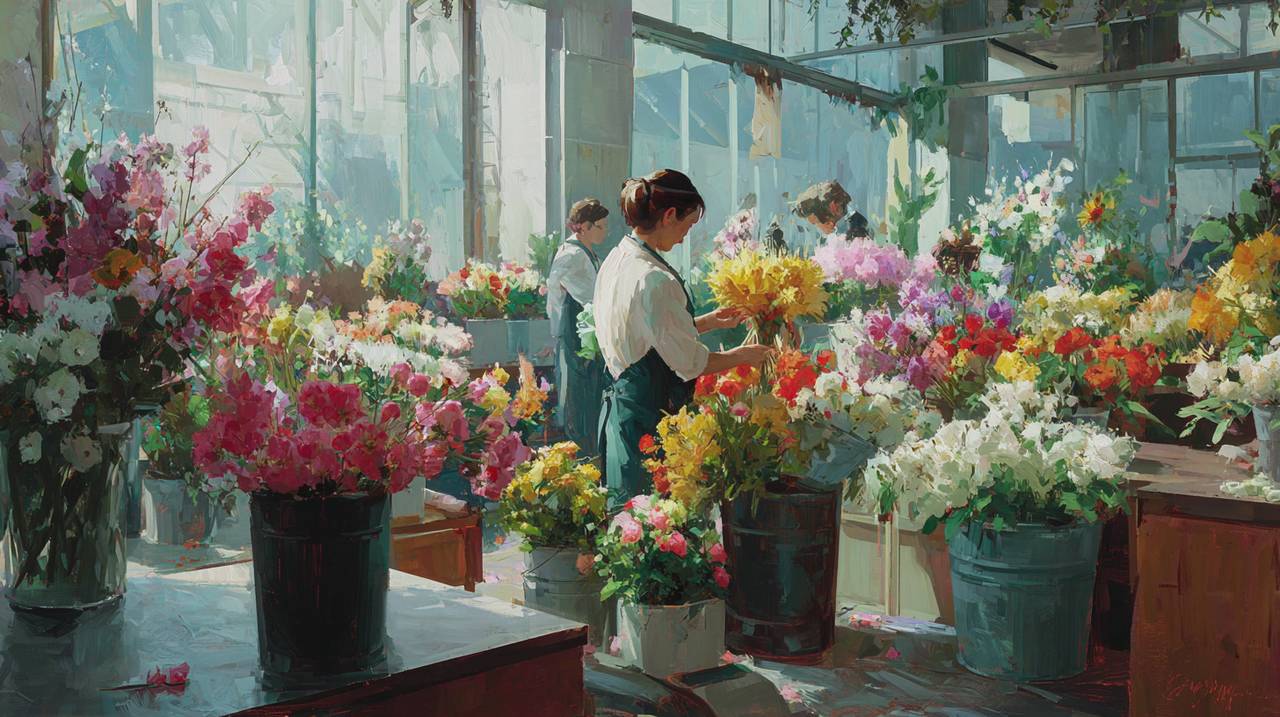 Um mercado de flores vibrante e movimentado em Xangai.