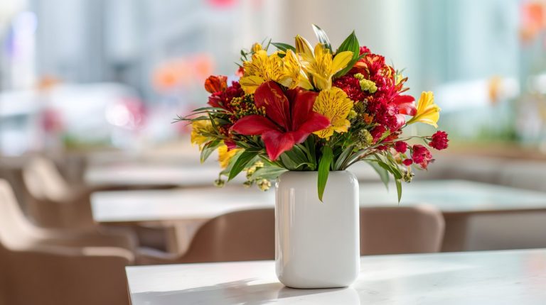 A vibrant floral arrangement in a modern Shanghai setting.