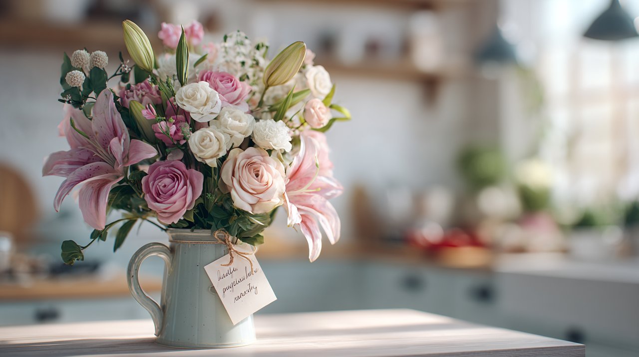 باقة زهور باستيل مخصصة مع ملاحظة مكتوبة بخط اليد.