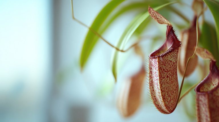 A rare pitcher plant, Nepenthes attenboroughii, in bright natural light.