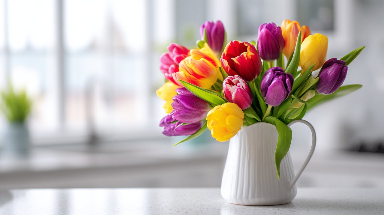 Vibrant multi-colored tulips in a modern ceramic pitcher.