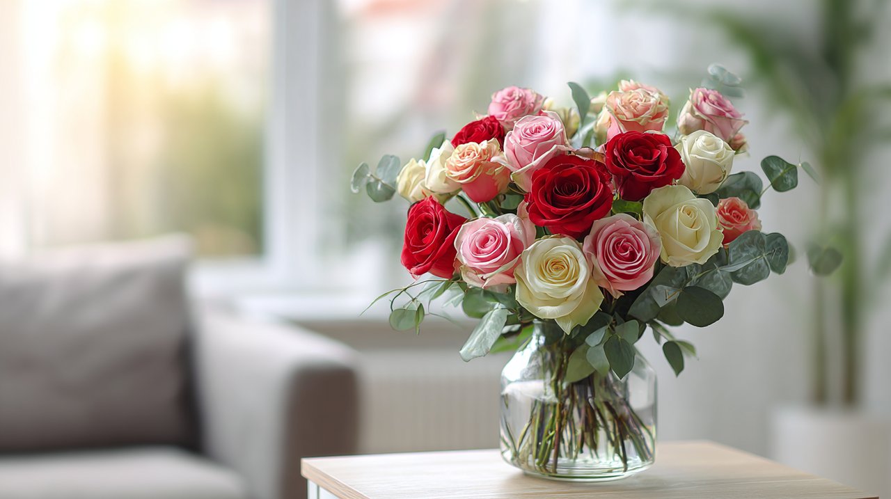 Um bouquet de rosas vermelhas, cor-de-rosa e brancas, mostrando diferentes significados românticos.