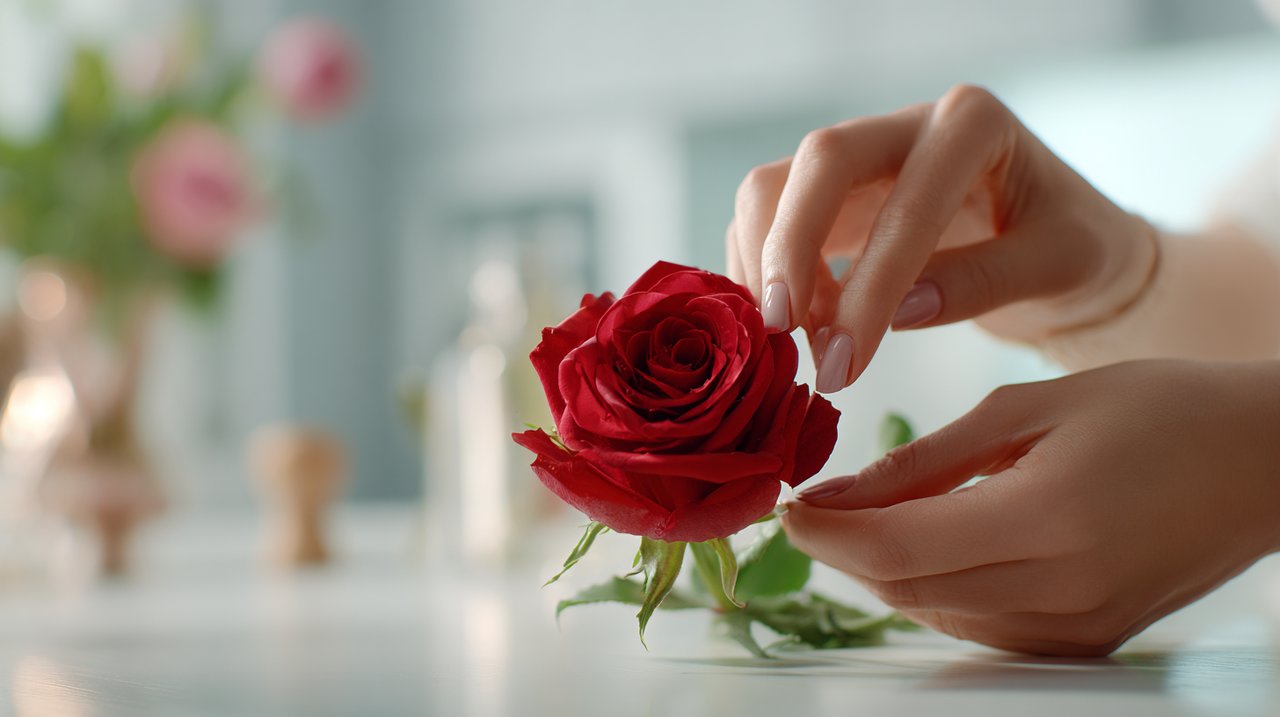 As mãos de uma pessoa selecionando cuidadosamente uma rosa vermelha perfeita de um buquê.
