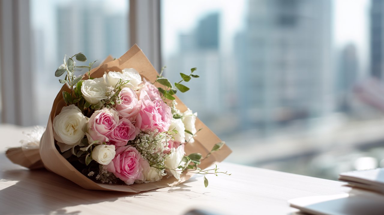 Um buquê de rosas recém-entregue em uma mesa moderna em um ambiente urbano ensolarado.