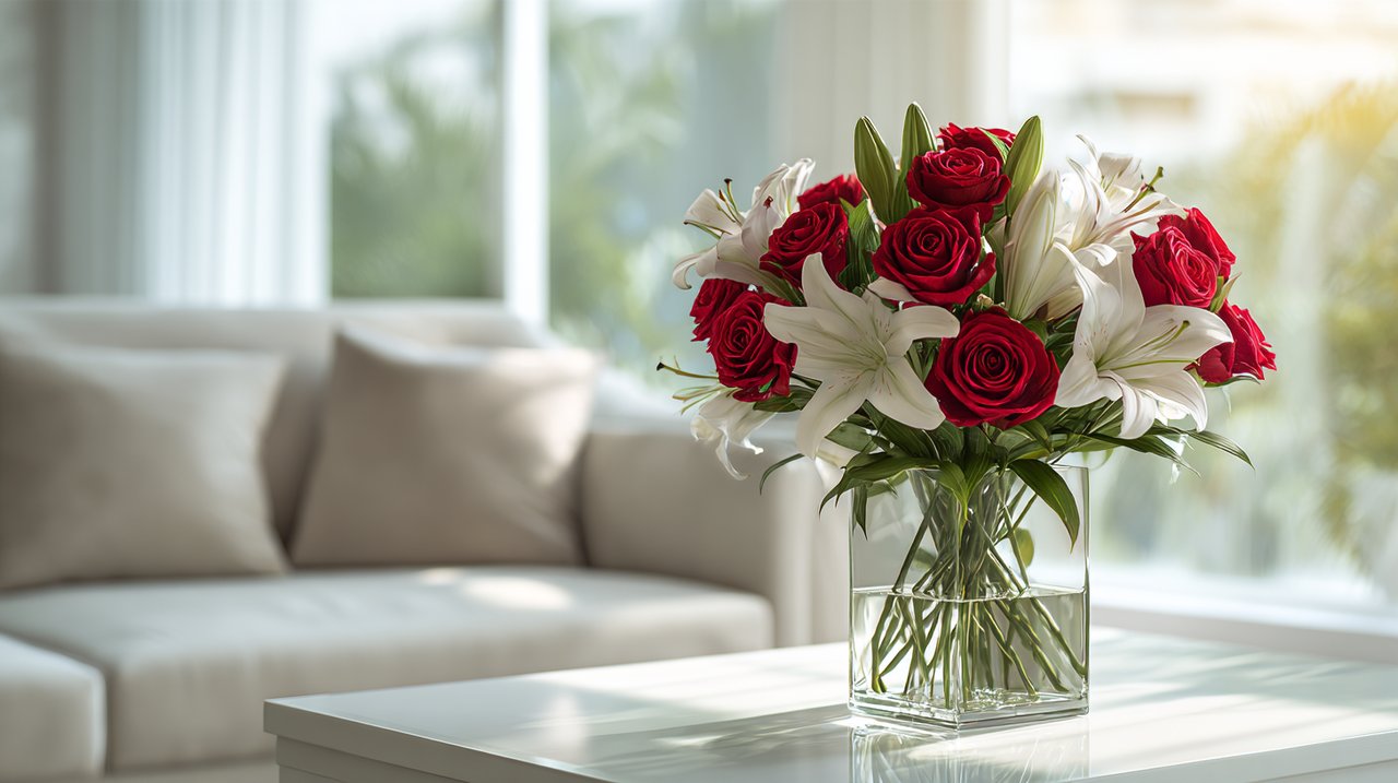 Um elegante buquê de rosas e lírios em um vaso moderno, simbolizando o presente artístico.