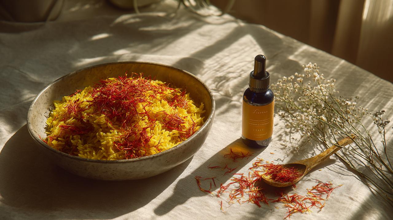 Fios de açafrão dourado exibidos ao lado de um prato moderno de paella e uma elegante garrafa de sérum cosmético infundido com açafrão, em um ambiente iluminado.